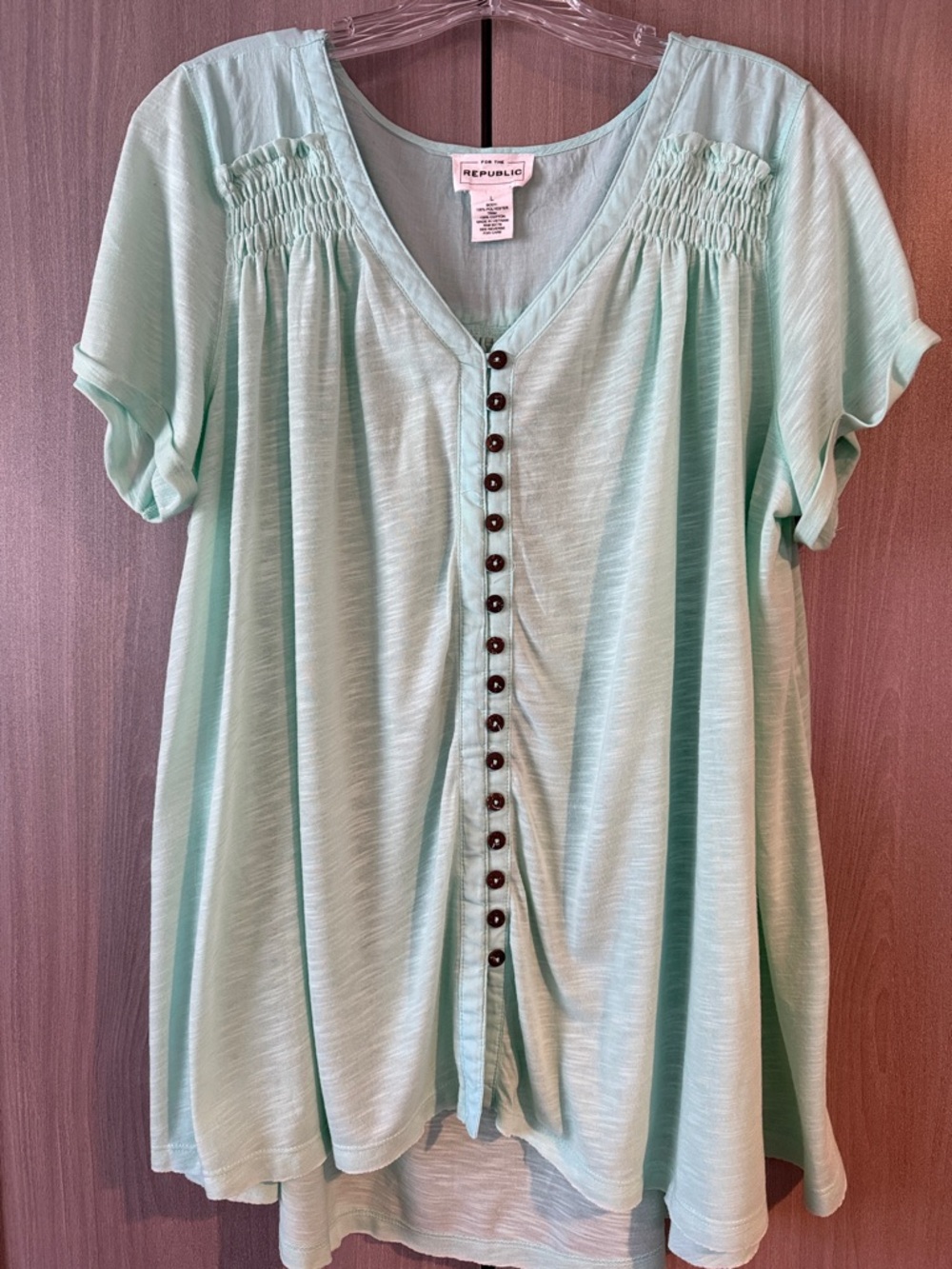 For The Republic Mint Green V-Neck Button Top